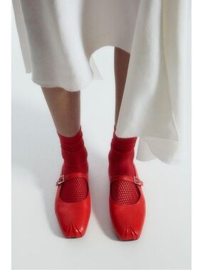 COS Red Leather Mary Jane Flats with Buckle Strap